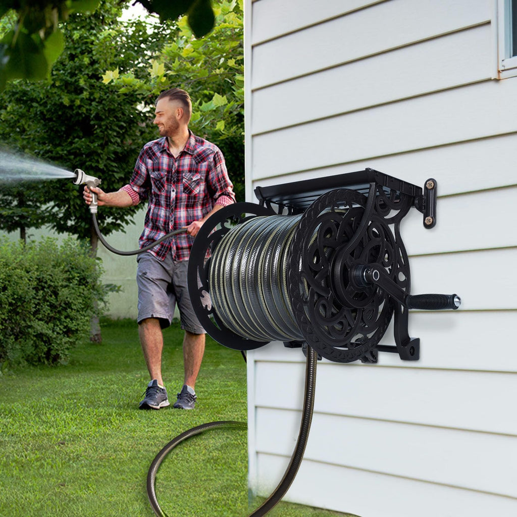 Metal Wall Mount Garden Hose Reel for Outside, Holds 125 ft x 5/8'' Hose Storage, Decorative Heavy Duty Water Hose