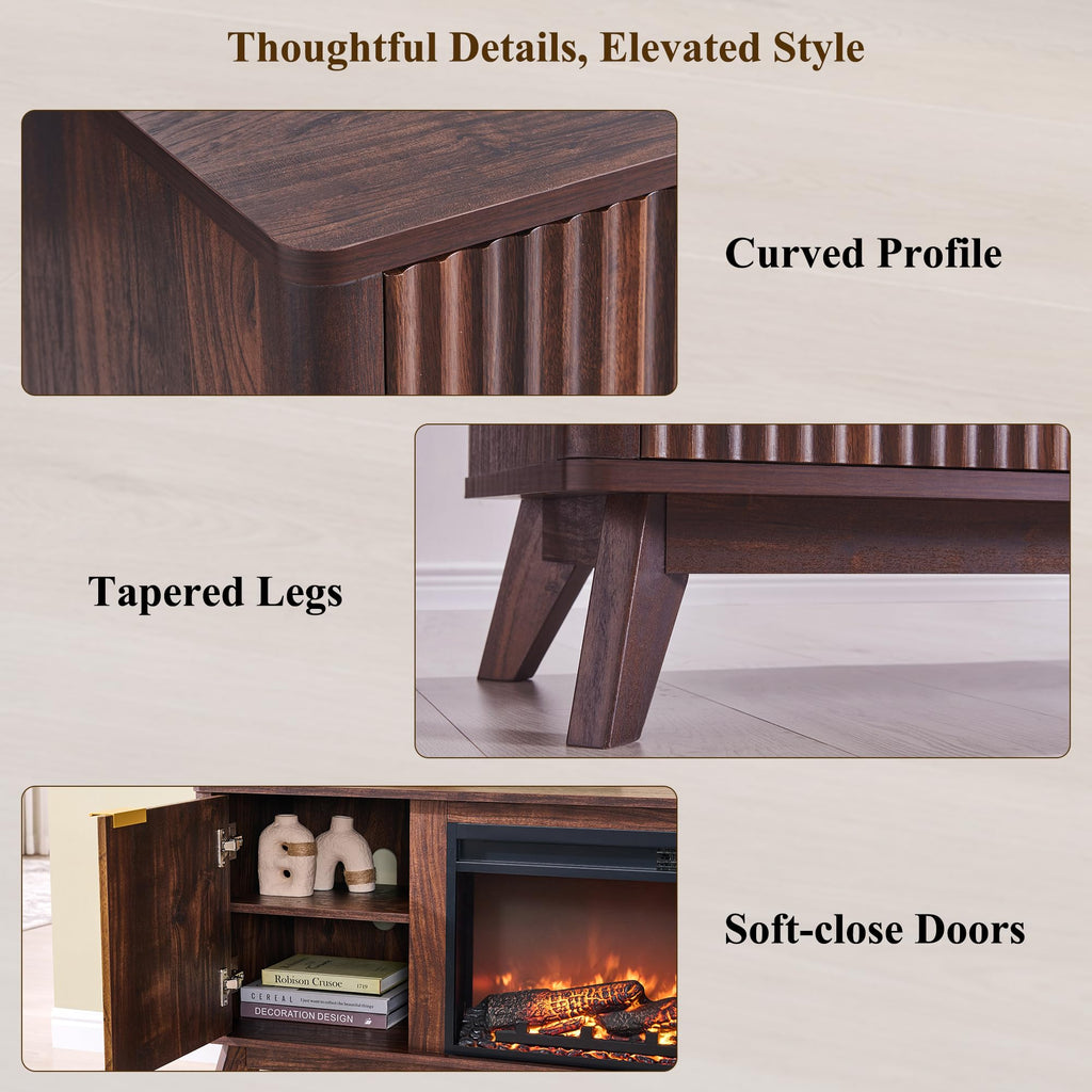 70" Fluted Fireplace TV Stand with 36" Electric Fireplace, Dark Walnut
