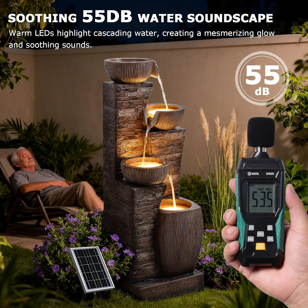 38.2" Tall Solar Powered Water Fountain,4 Tiers Modern Cascading Bowls and Stacked Stones Solar Fountains with LED