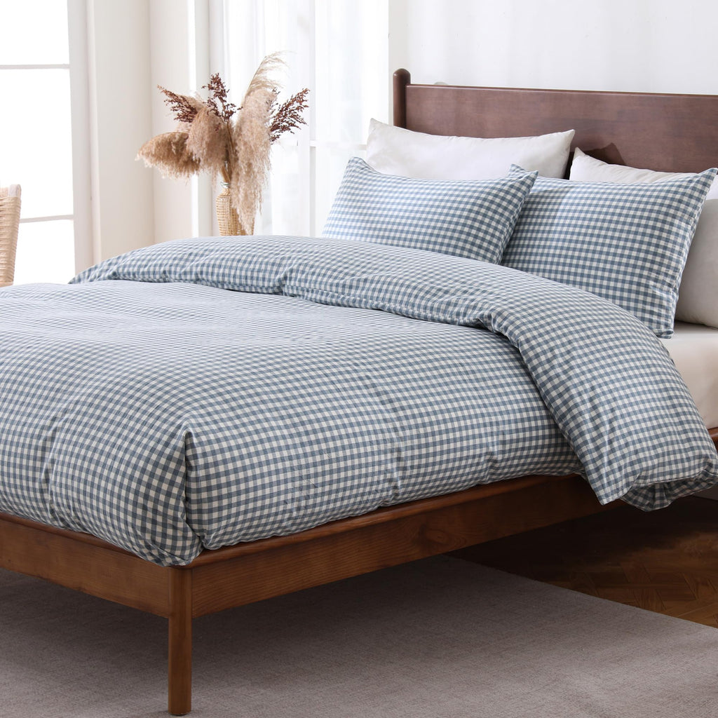 Cotton Pale Blue Gingham Duvet Cover Bedding Set Linen Like