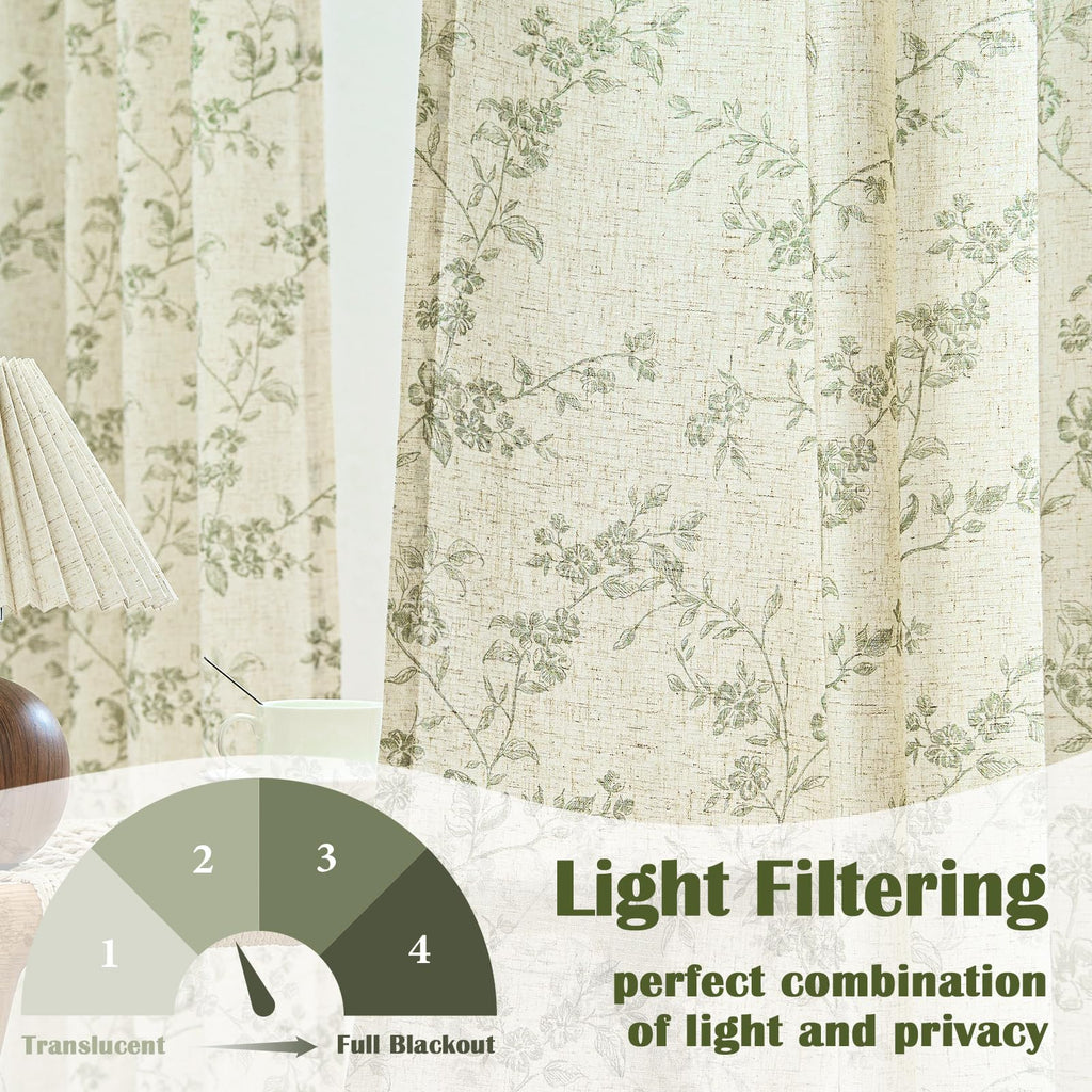 Extra Long Green Vintage Floral Linen Curtains Farmhouse 2 Panels