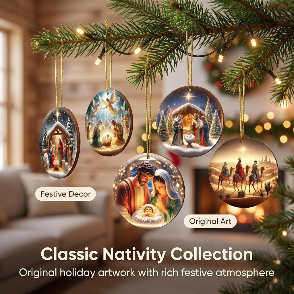 Nativity Scene Wooden Christmas Ornaments - Set of 18
