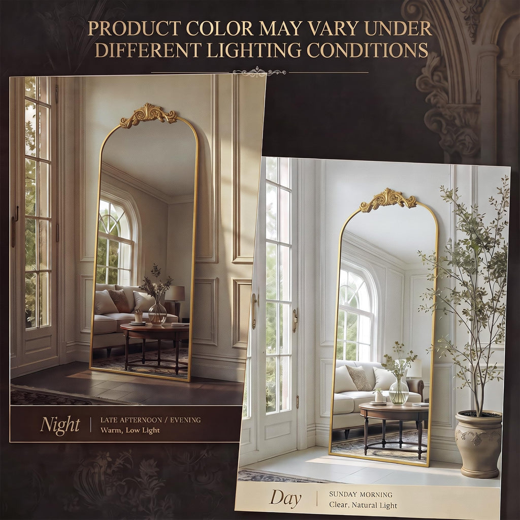 Arched Full Length Mirror, 71"x28" Floor Mirror with Carved, Gold