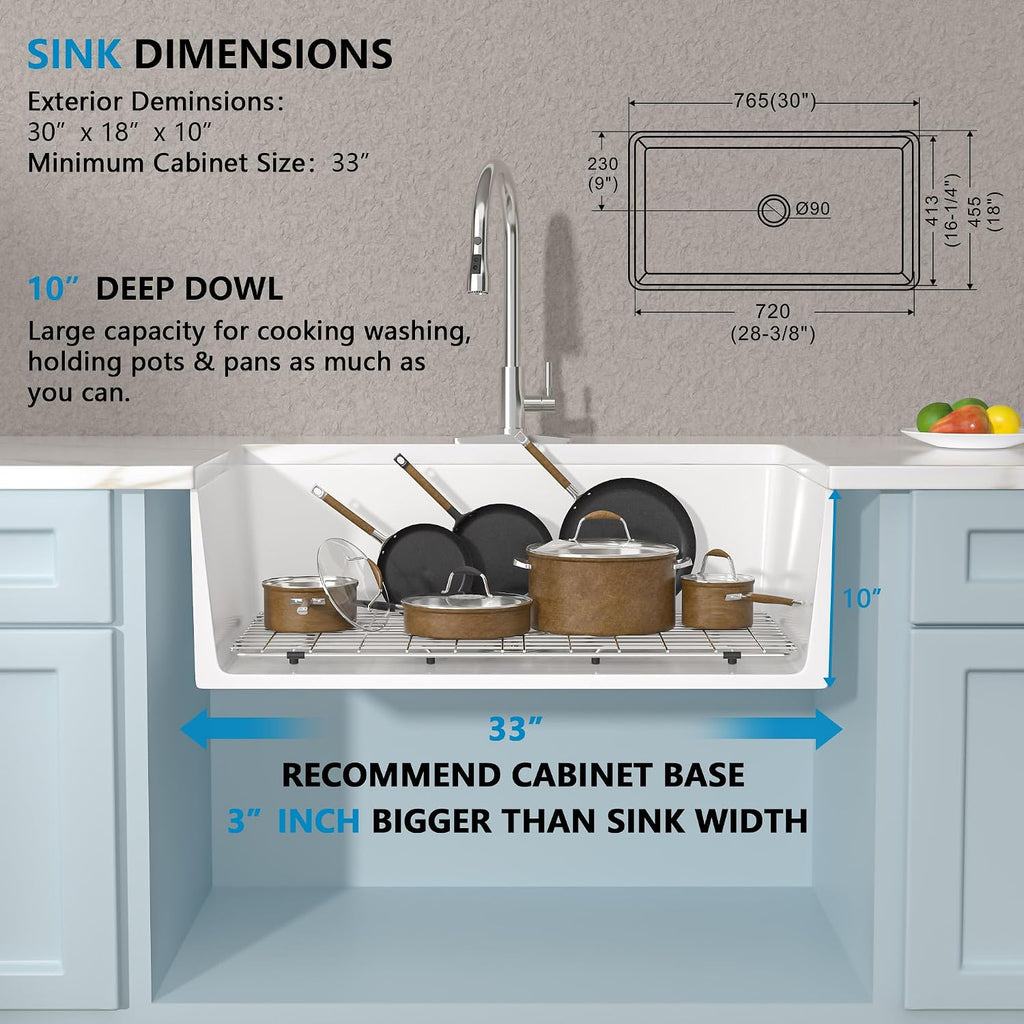 30"x18" White Farmhouse Sink - Reversible Apron Front, High-Gloss Fireclay Porcelain Ceramic Farm Kitchen Sink