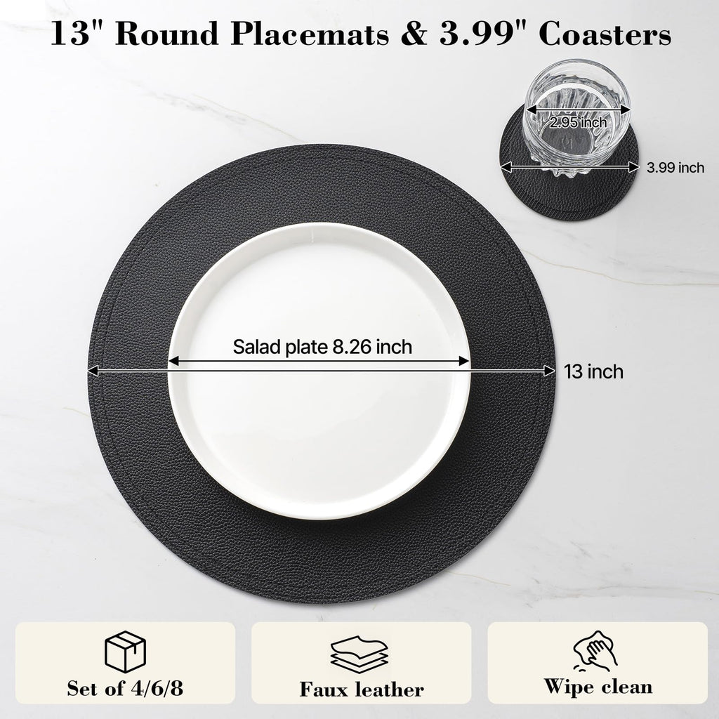 Set of 6 Faux Leather Round Placemats and Coasters, 13''and 3.9'', Black