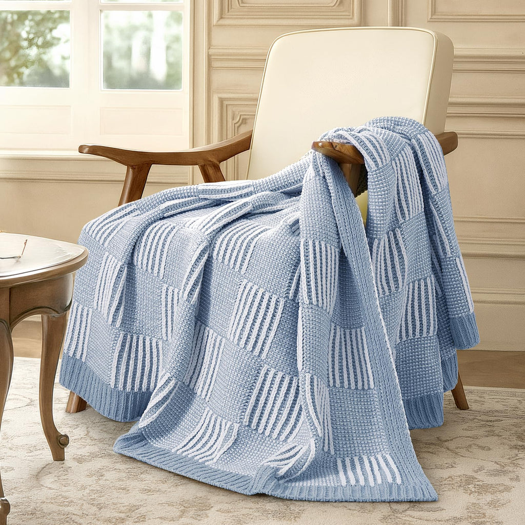 Checkered Knit Throw Blanket for Couch, Blue 50"x60"