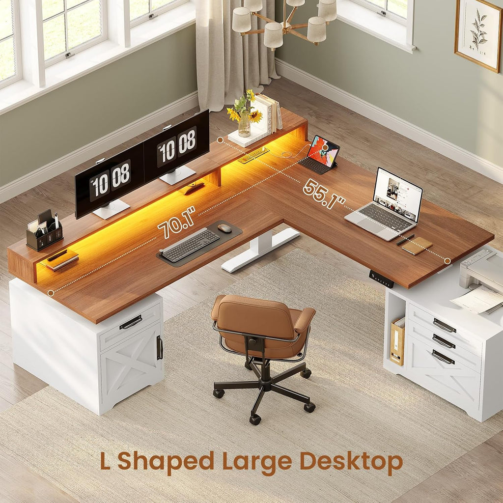 Farmhouse L Shaped Standing Desk, 70.1" x 73.2" Height Adjustable Home Office Executive Desk with Drawers, Power