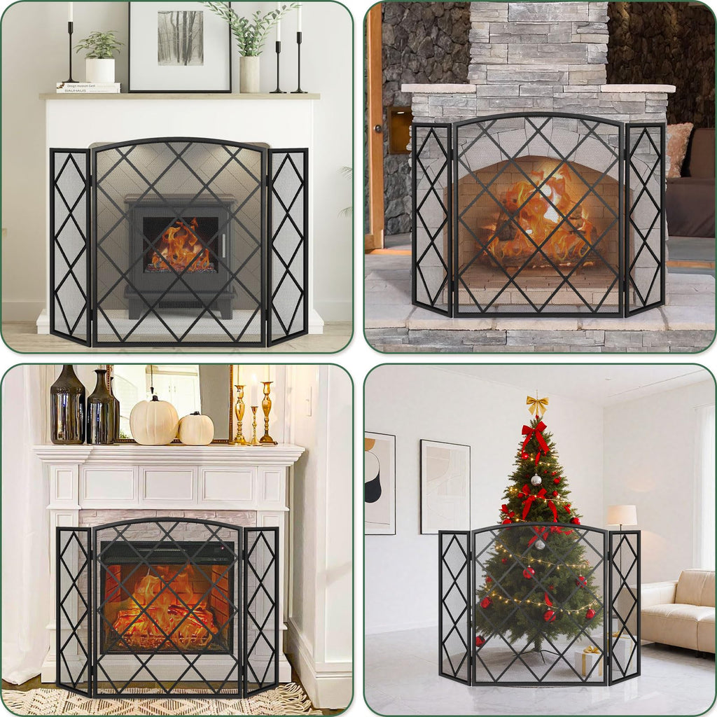 3-Panel Fireplace Screen 48" W x 30" H Wrought Iron Spark Guard
