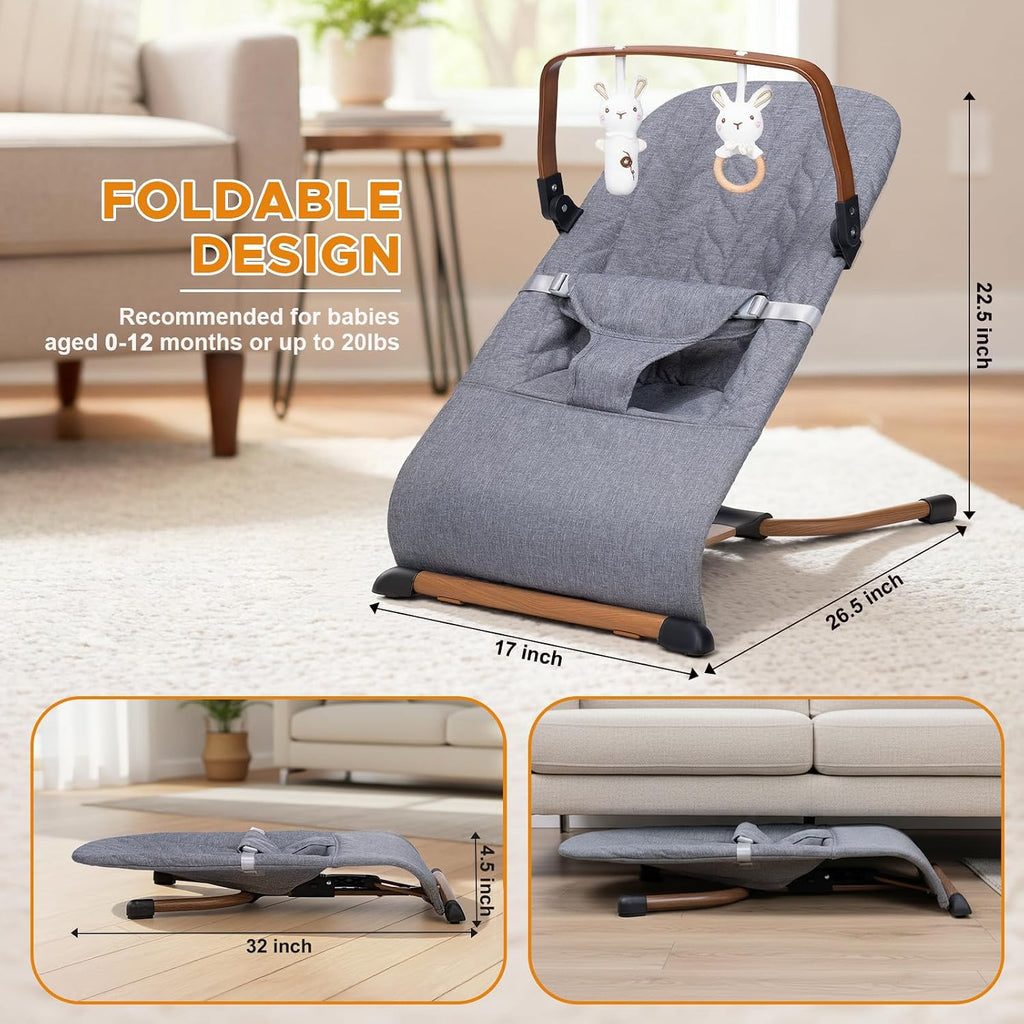Portable Baby Bouncer, Bouncer Seat for Babies 0-12 Months, 3 Recline Positions, Foldable Baby Rocker Chair