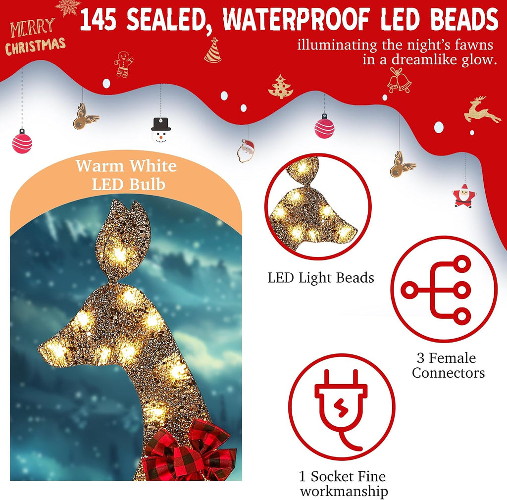 48 Inch 2.5D Gold Lighted Christmas Deer Decorations 3-Piece Outdoor Holiday Decorations Reindeer Set with 145 Warm