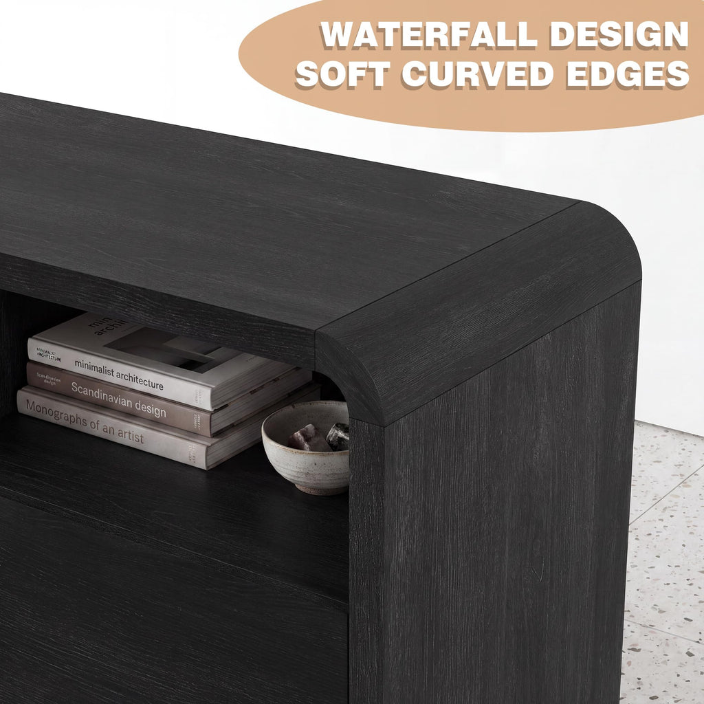 70" Curved TV Stand with Storage for TVs Up to 80", Modern Entertainment Center with 3 Open Shelves & 2 Drawers
