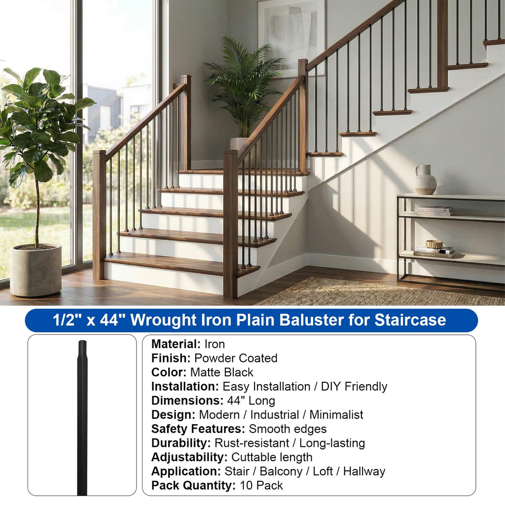 44" Wrought Iron Plain Balusters, 1/2" Square Hollow Iron Spindles, Balusters for Staircase Interior, Decorative