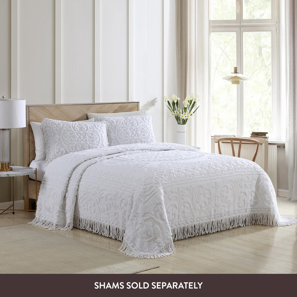 Medallion King Cotton Chenille Bedspread, White