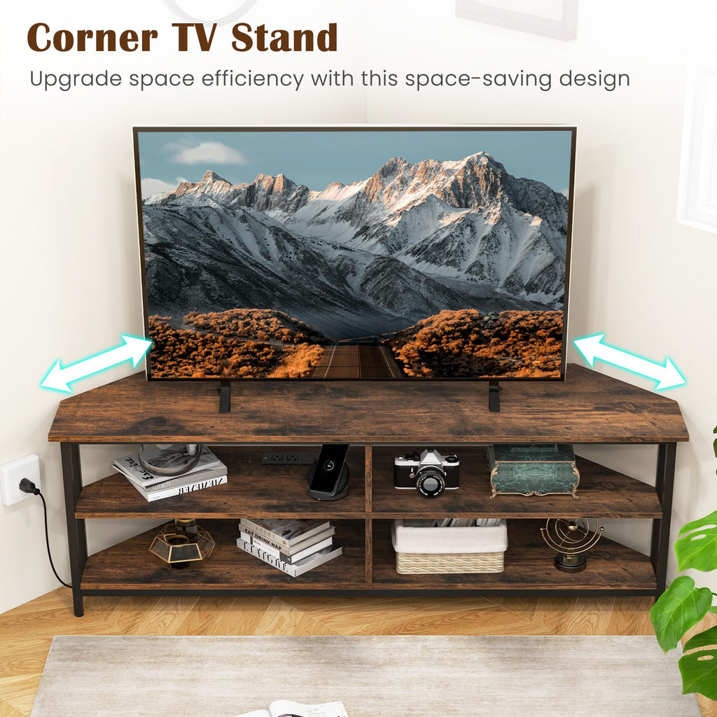 Corner TV Stand for TVs up to 65", TV Console Table w/AC Outlets, USB A Ports, USB C Port, Metal Frame & Storage