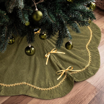Christmas Tree Skirt 48 Inch Moss Green Velvet Fur Scallop Tree Skirt Sparking Gold Lace Trim for Party Rustic Xmas