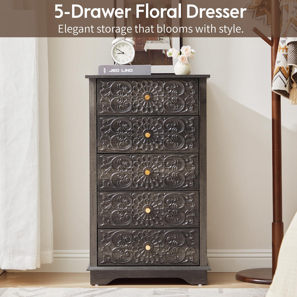 5 Drawer Dresser, 20"W Narrow Chest of Drawers, Black-Brown