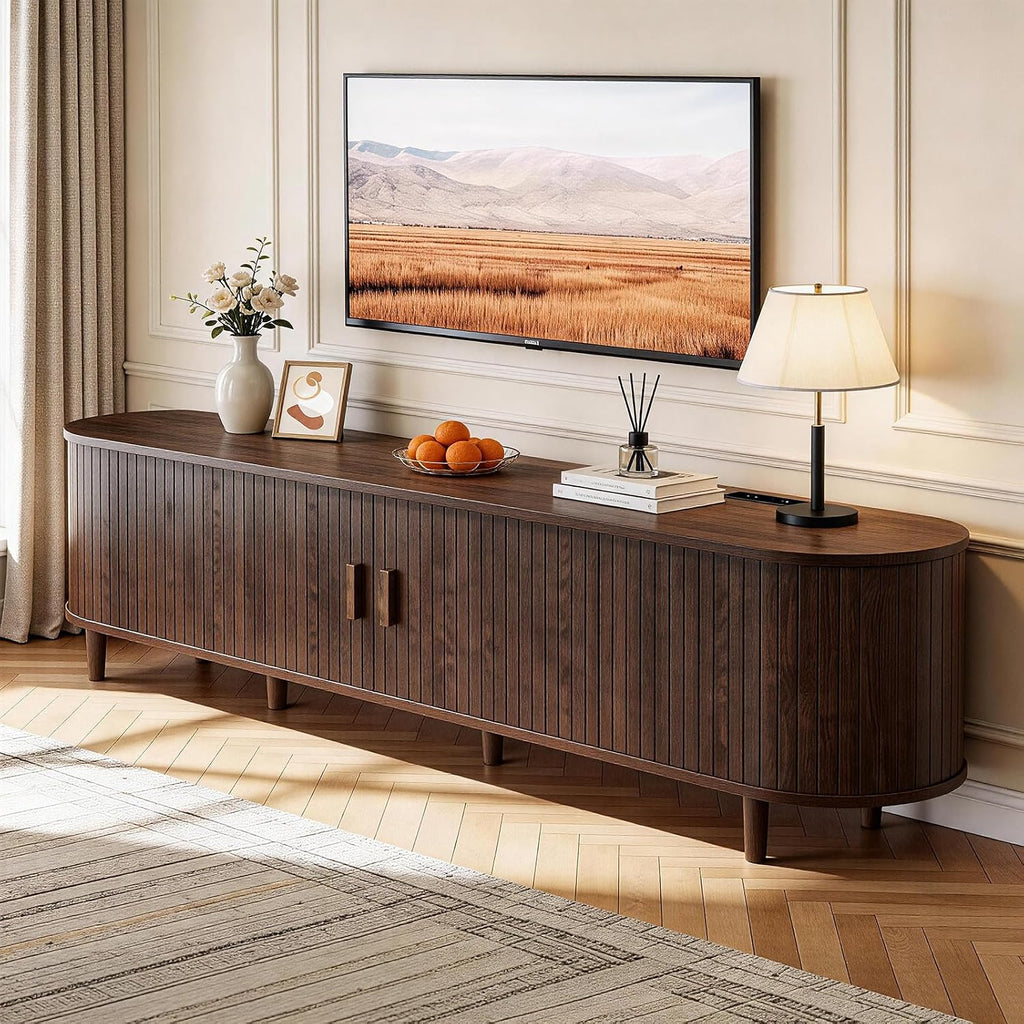 70" Mid Century Modern TV Stand with Power Outlet, Fluted Entertainment Center with Storage and Adjustable Shelves
