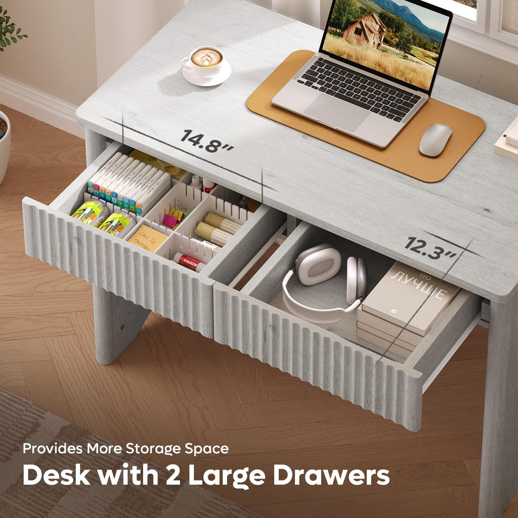 White Oak 40 Inch Fluted Home Office Desk with 2 Drawers for Study