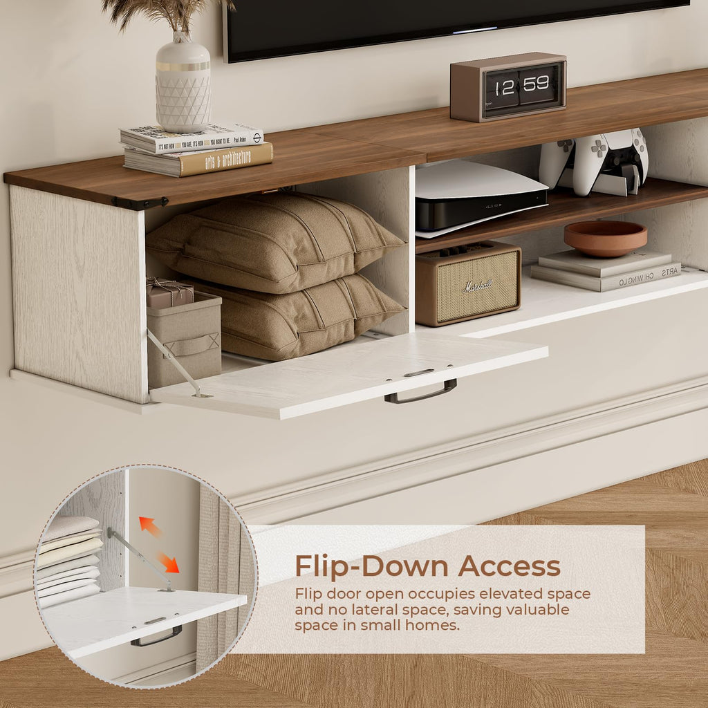 70" Farmhouse Floating TV Stand with Filp Doors for TVs up to 90", White