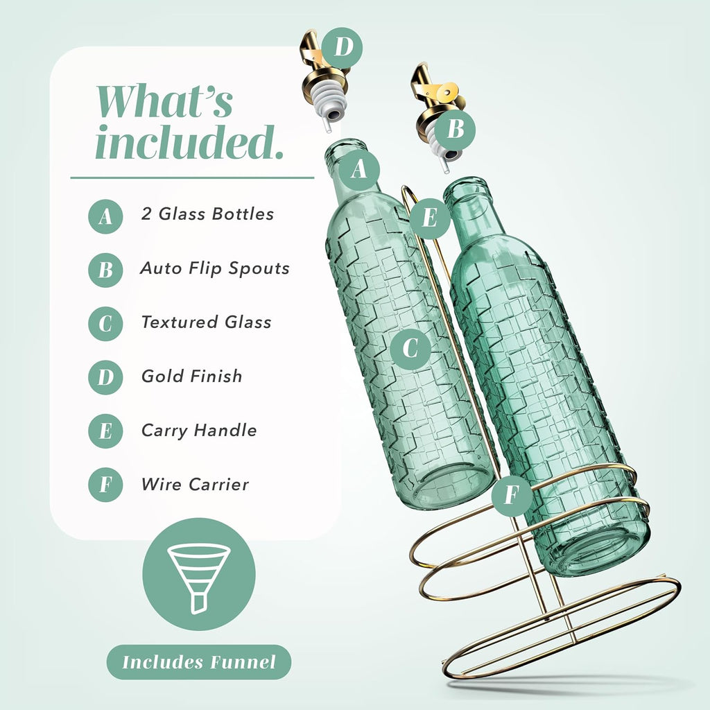Glass Olive Oil Bottle Dispenser - 2 Pack- 17oz Oil and Vinegar Cruet - Olive Oil Carafe Decanter, Checkered, Green - Set of 2