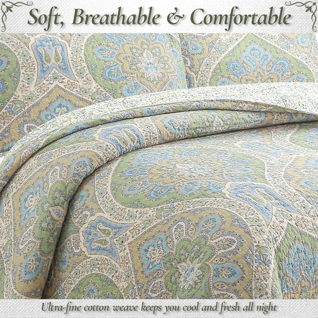 Blue Green Paisley Quilt Set - 3-Piece 100% Cotton Reversible Bedspread with Shams, Lightweight All Season Medallion