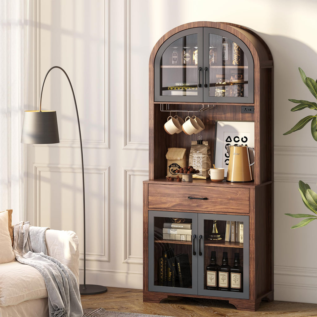 75" Arched Kitchen Pantry Cabinet, Coffee Bar Hutch Cabinet