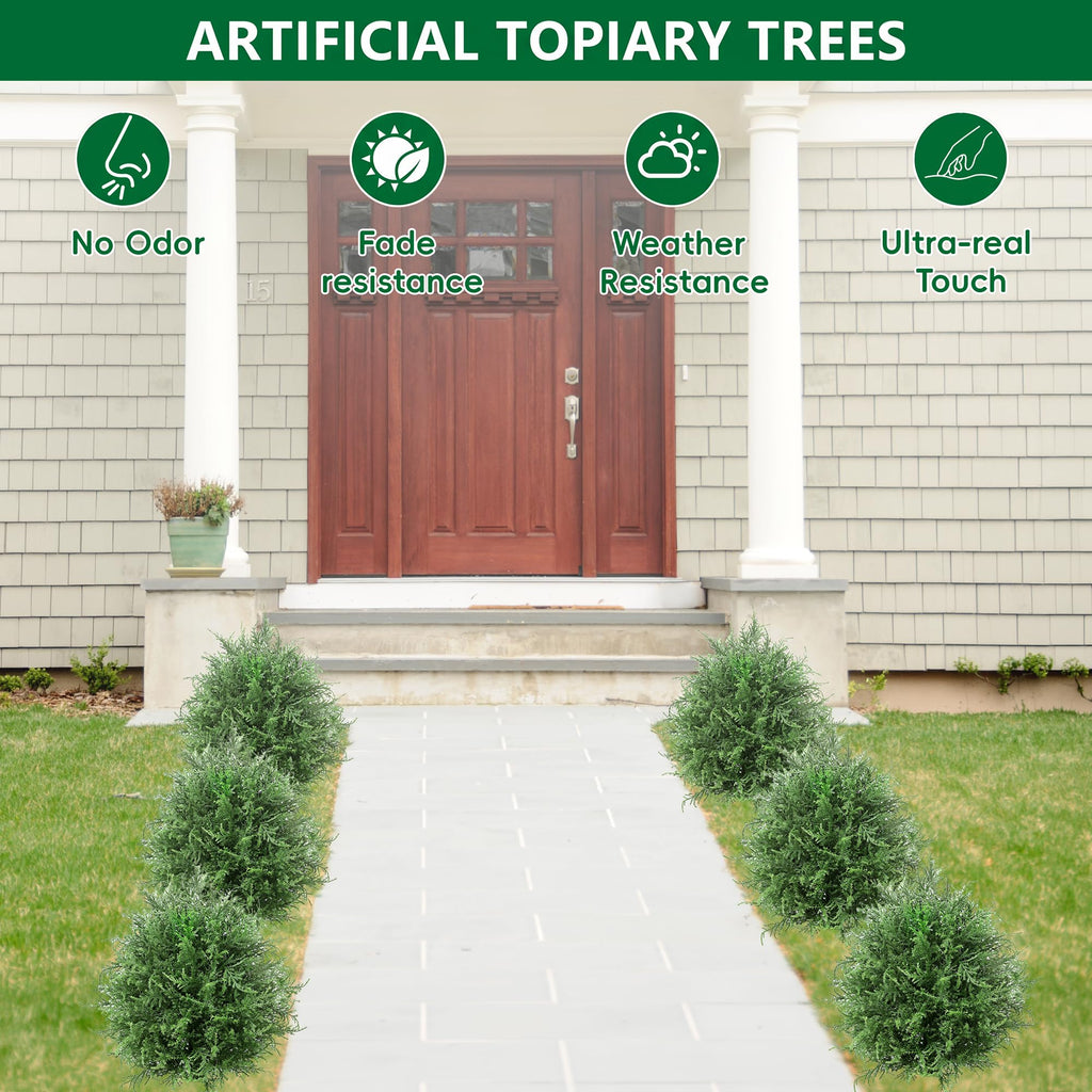 20" Artificial Cedar shrubs for Front Porch, Faux Cedar Ball Trees for Outdoors with Ground Spike, UV Resistant Faux