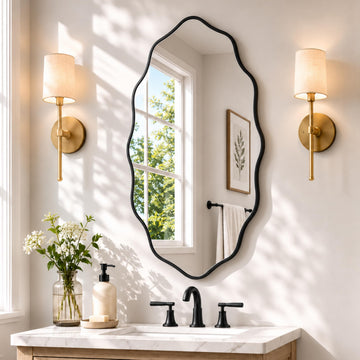 Black Scalloped Mirror, 30''L×18''W Oval Wavy Wood Framed Mirror for Wall Decor, Hanging Leaning, Vanity, Living Room