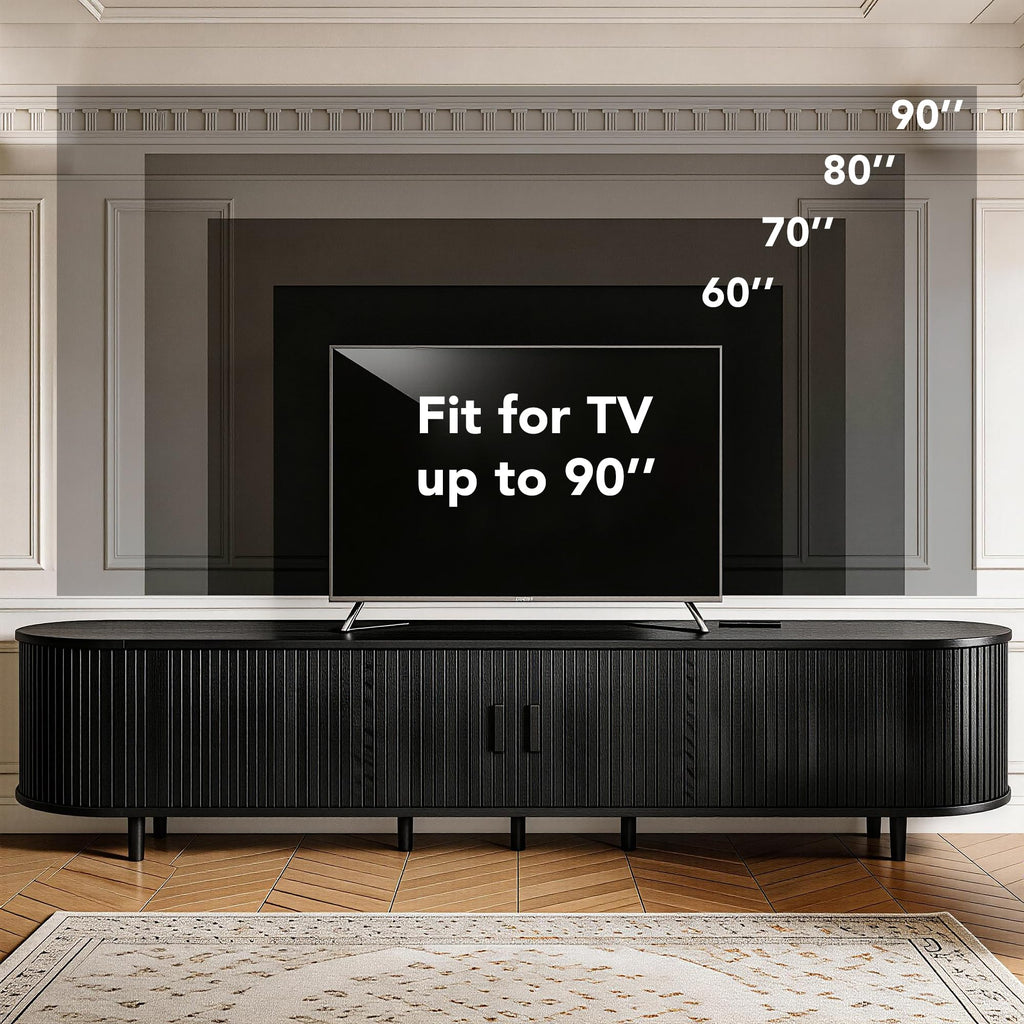 80" TV Stand with Sliding Doors, Mid Century Modern Entertainment Center, TV Console with Fluted Door Cabinets and