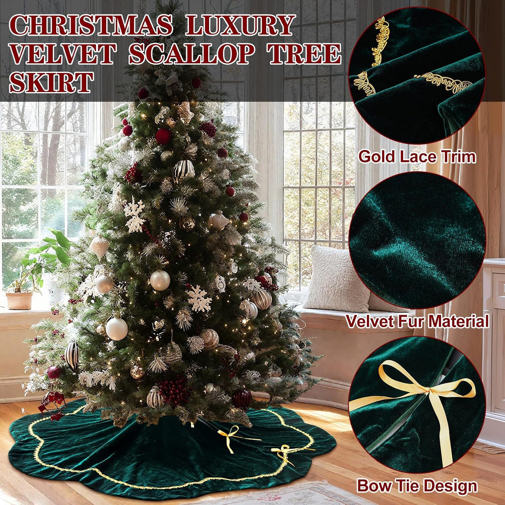 Christmas Tree Skirt 48 Inch Green Velvet Fur Scallop Tree Skirt Sparking Gold Lace Trim for Party Rustic Xmas