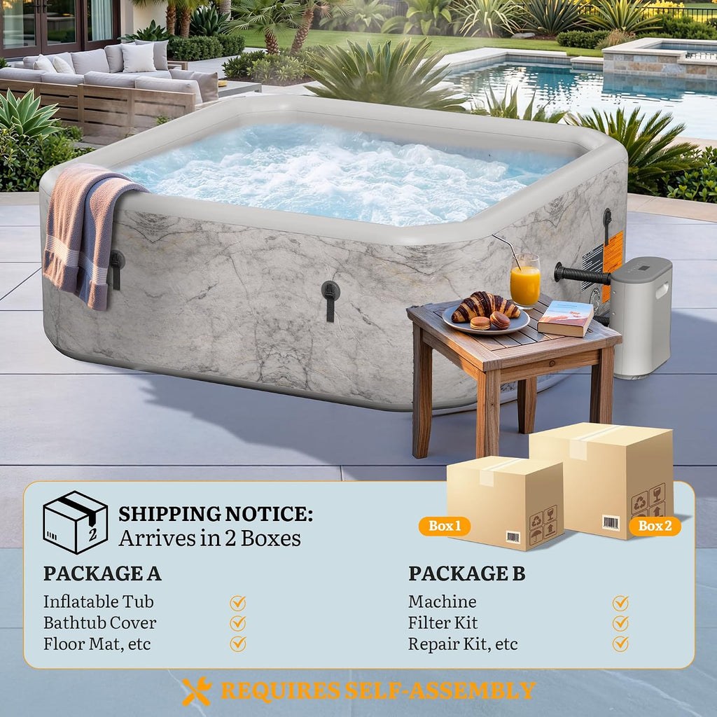 77-Inch Drop-Stitch Inflatable Hot Tub for 6 Person, Square Portable Outdoor Spa with 180 Massage Jets, Smart Heating