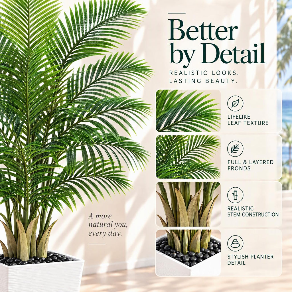 Artificial Palm Tree:6FT Tall Fake Areca Palm Plant (White Planter)