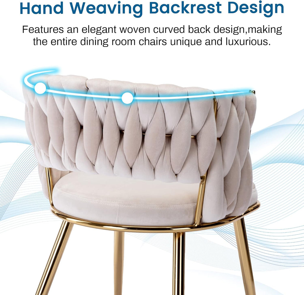 KCC Modern Velvet Dining Chairs Set of 2, Upholstered Living Room Chair with Woven Back and Golden Metal Legs