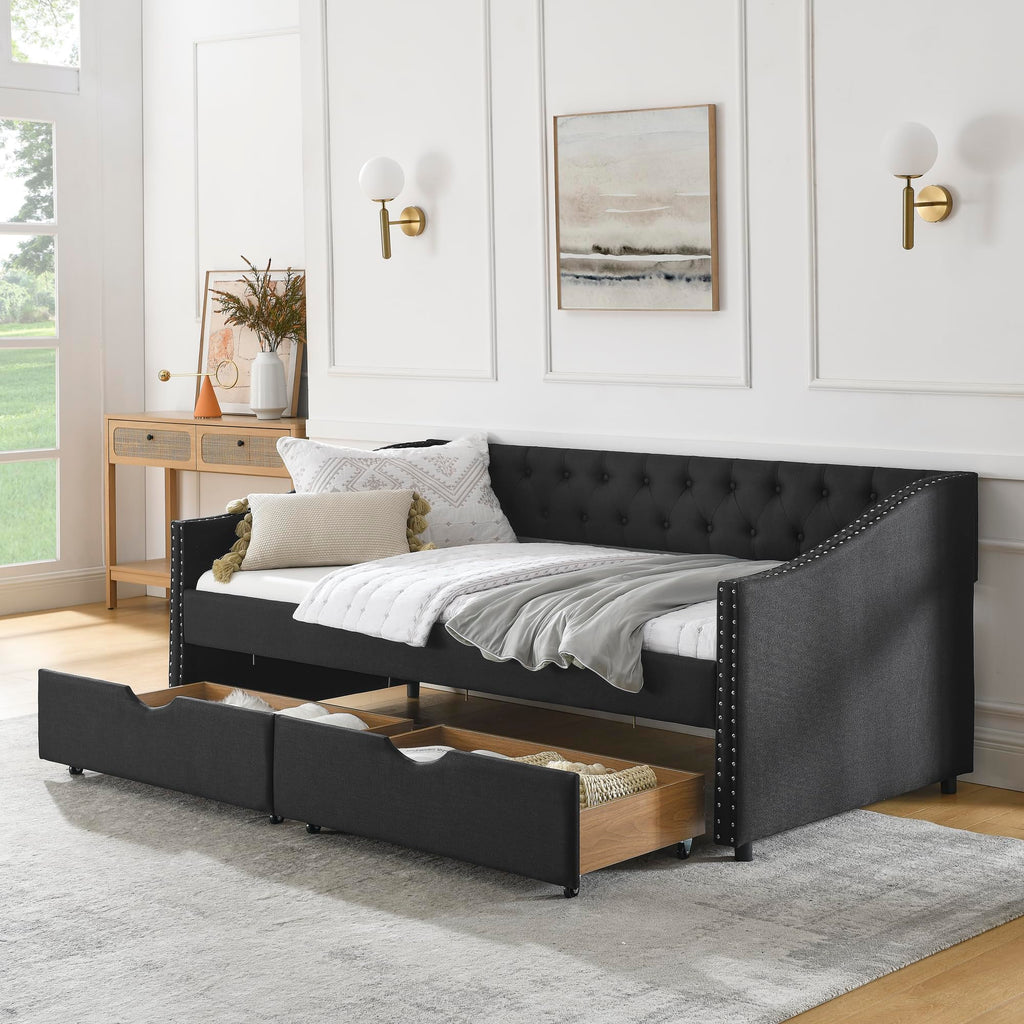 Twin Size Upholstery Daybed with 2 Drawers and Headboard, Mid-Century Style Tufted Sofa Bed with Button on Back, Easy