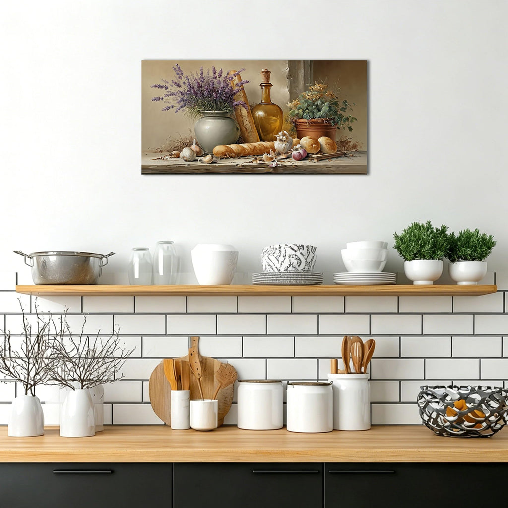 Farmhouse Kitchen Wall Decor, Rustic Kitchen Wall Art & Italian Bread & Lavender Canvas Print, Vintage Country