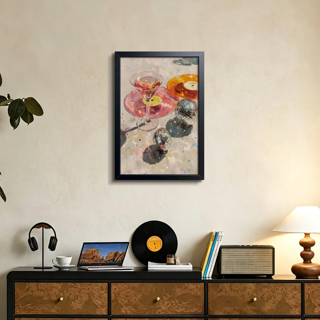 Pink Cocktail Canvas Wall Art 16x24 Framed, Vintage Disco Ball Vinyl Record Print Poster, Y2K Aesthetic Room Decor