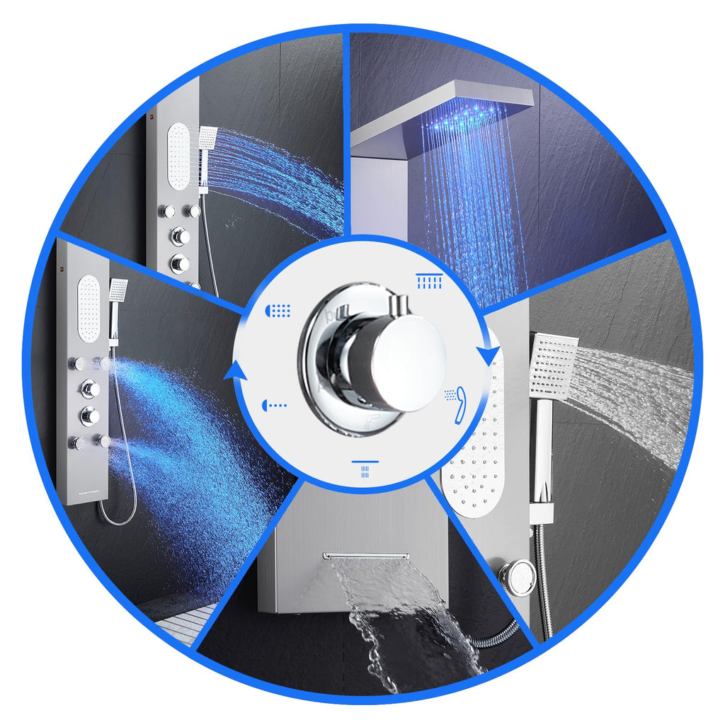 5-Function LED Shower Panel Tower System 4 Jets Stainless Steel