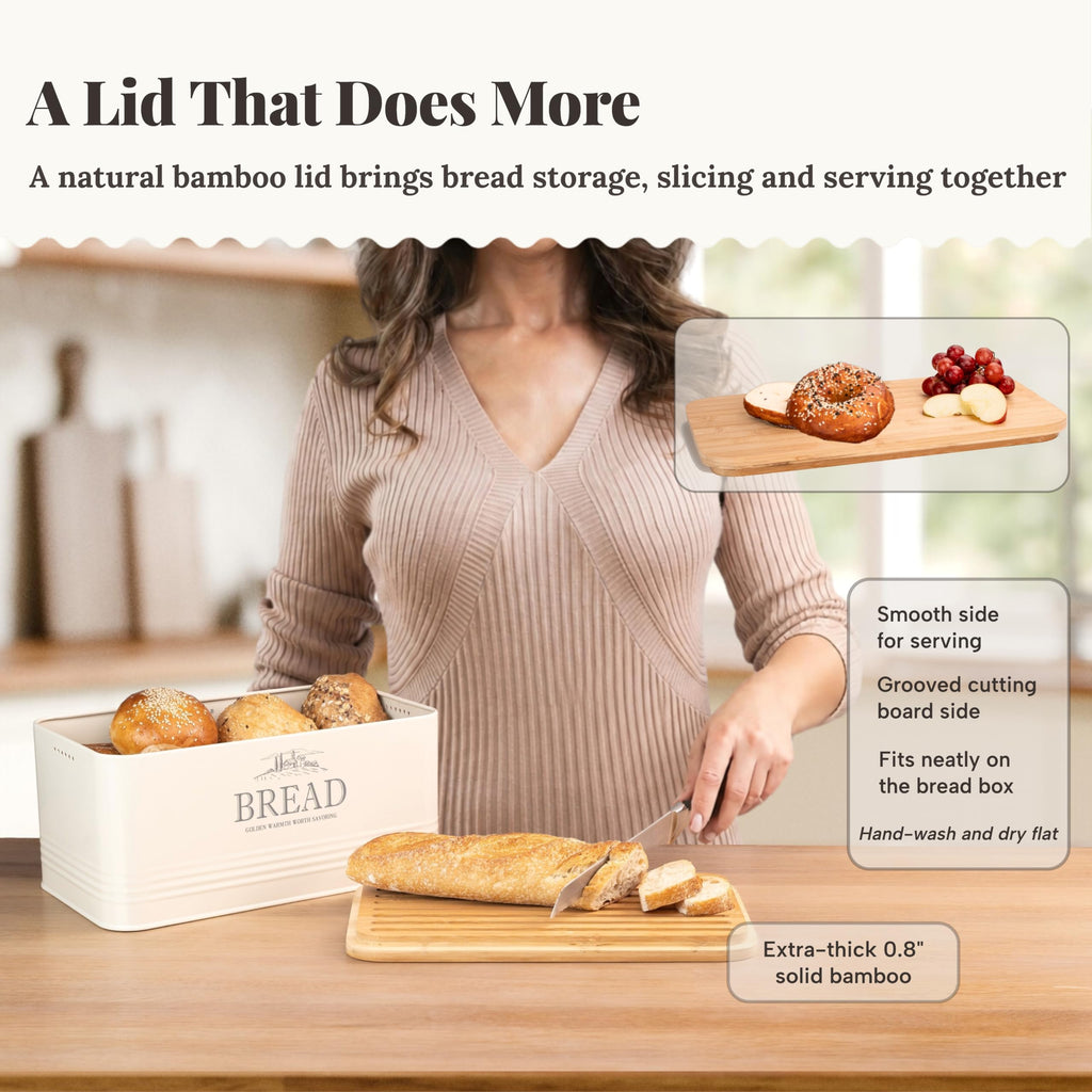 Bread Box - Metal Countertop, Bamboo Lid, Farmhouse