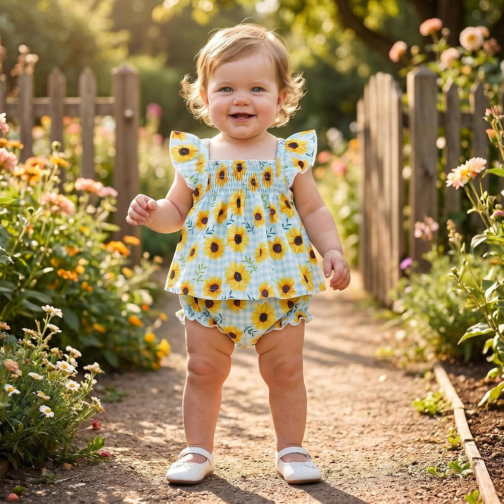 Baby Girl Watermelon Outfit Floral Ruffle Sleeve Top and Bloomer Shorts Set Infant Sunflower Outfit Plaid Clothes