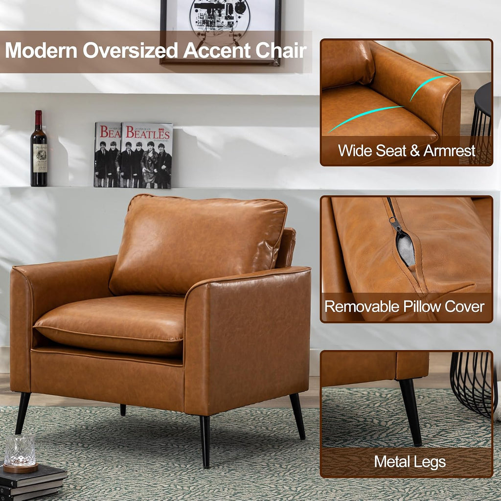 Modern Leather Chair, Oversized Armchair, Mid-Century Accent Reading Chair Comfy, Upholstered Single Sofa - Set of 2
