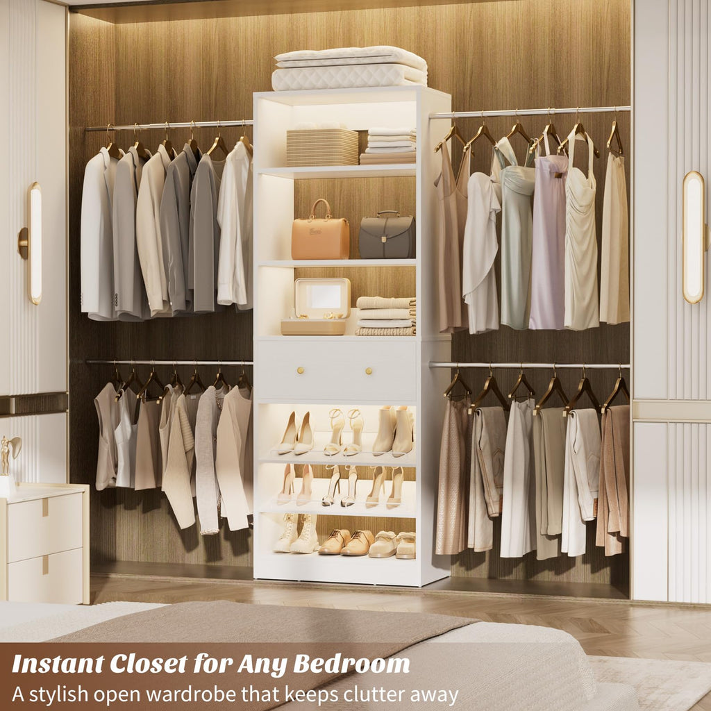 Wood Closet Organizer System - 4FT-9FT Expandable Wardrobe Closet with Drawer & 4 Hanging Rods, Heavy Duty Walk-in