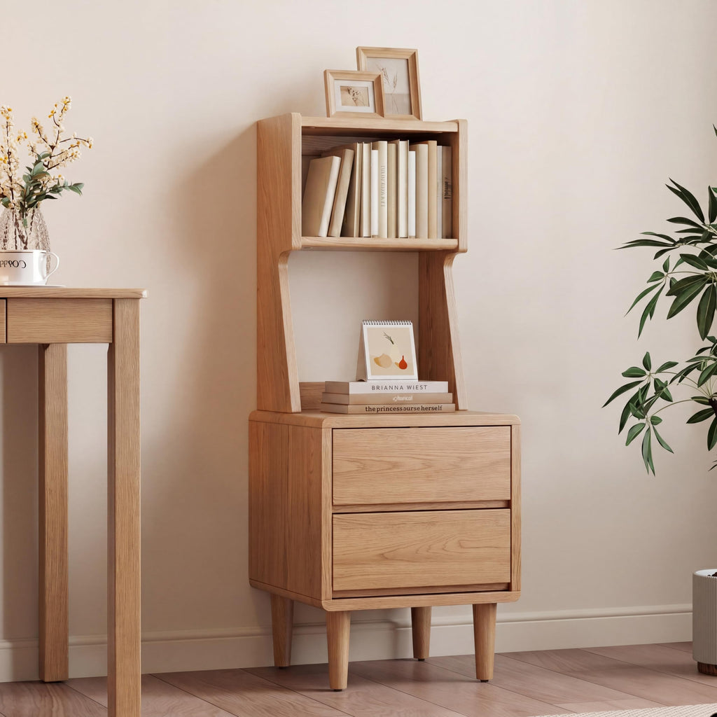 Solid Wood Bookshelf Nightstand Combo, Tall Nightstand with Bookshelf