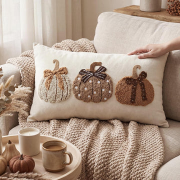 Fall Pumpkin Pillow Covers 12x20 Rustic Boho Brown Beige Lumbar Case