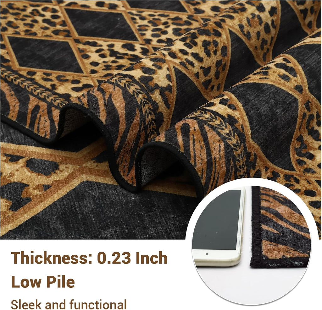 Checkered Leopard Print Area Rug, Soft Low Pile Non-Slip Large Living Room Rugs Machine Washable Indoor Carpet Dining