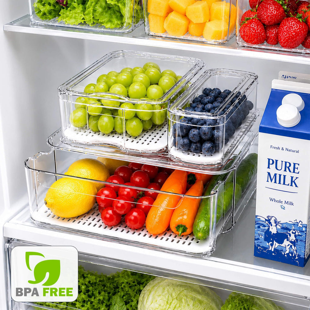8 Pack Clear Fridge Organizer Bins with Drain Trays - Stackable