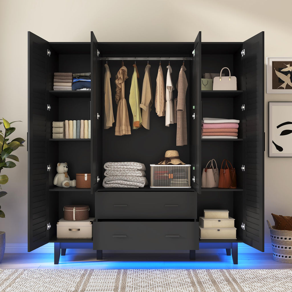 4 Door Armoire Wardrobe Closet Cabinet with Drawers and LED Lights, Multi-Tier Shelves, Hanging Rod & Louver Doors