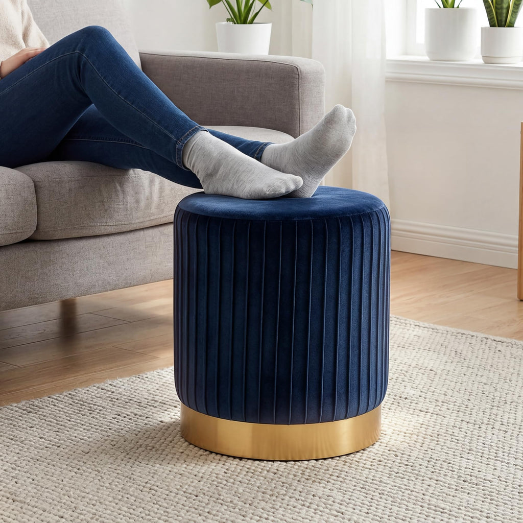 Round Velvet Ottoman, 16.5" H Footrest Stool with Gold Metal Base(Navy)