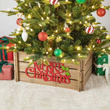 24" L Wooden Crate Tree Collar, Natural Wooden Merry Christmas Christmas Tree Base Cover Farmhouse Christmas Tree