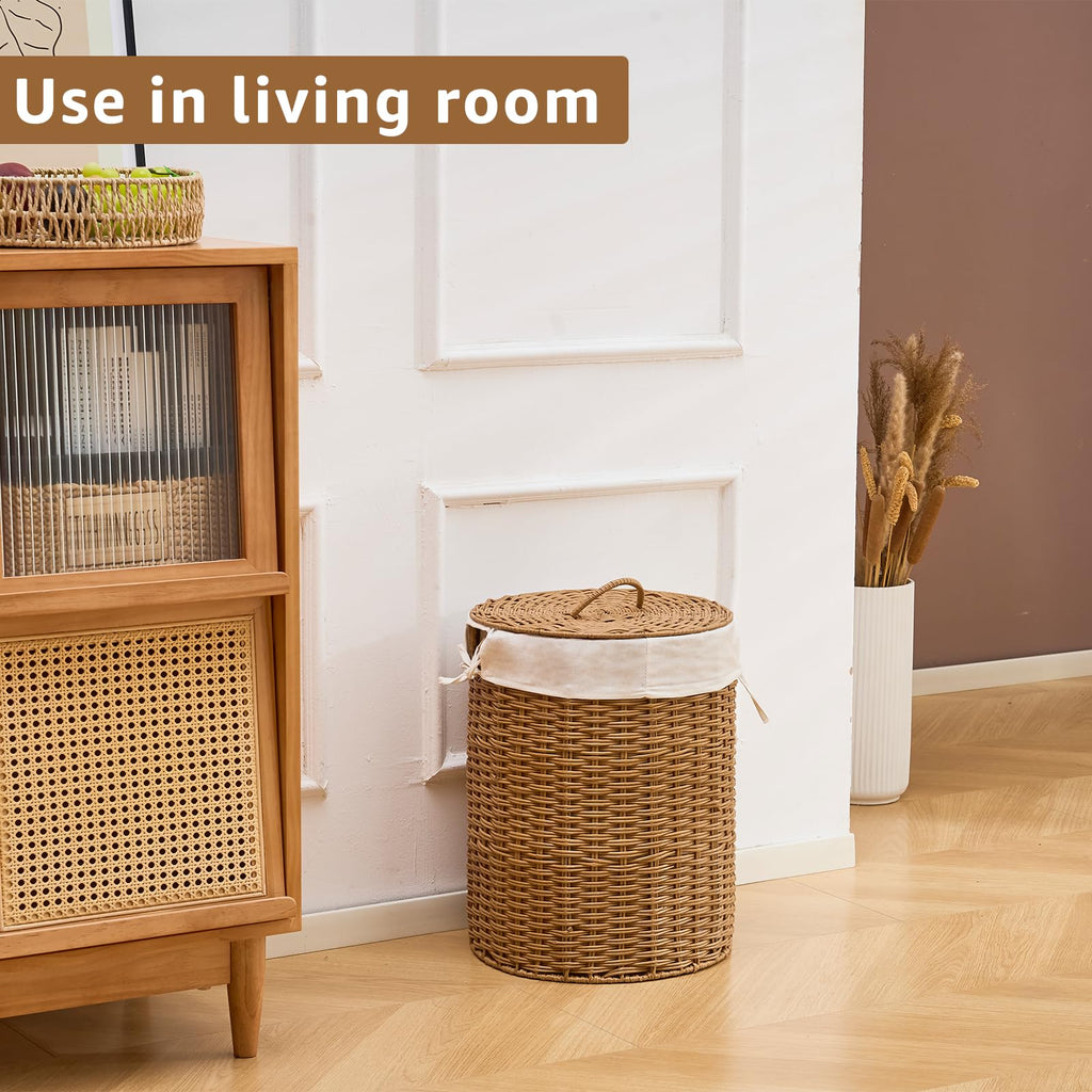 Round Wicker Laundry Hamper with Lid Handwoven Rattan Basket with Handles for Dirty Clothes, 2 Washable Liner Bags