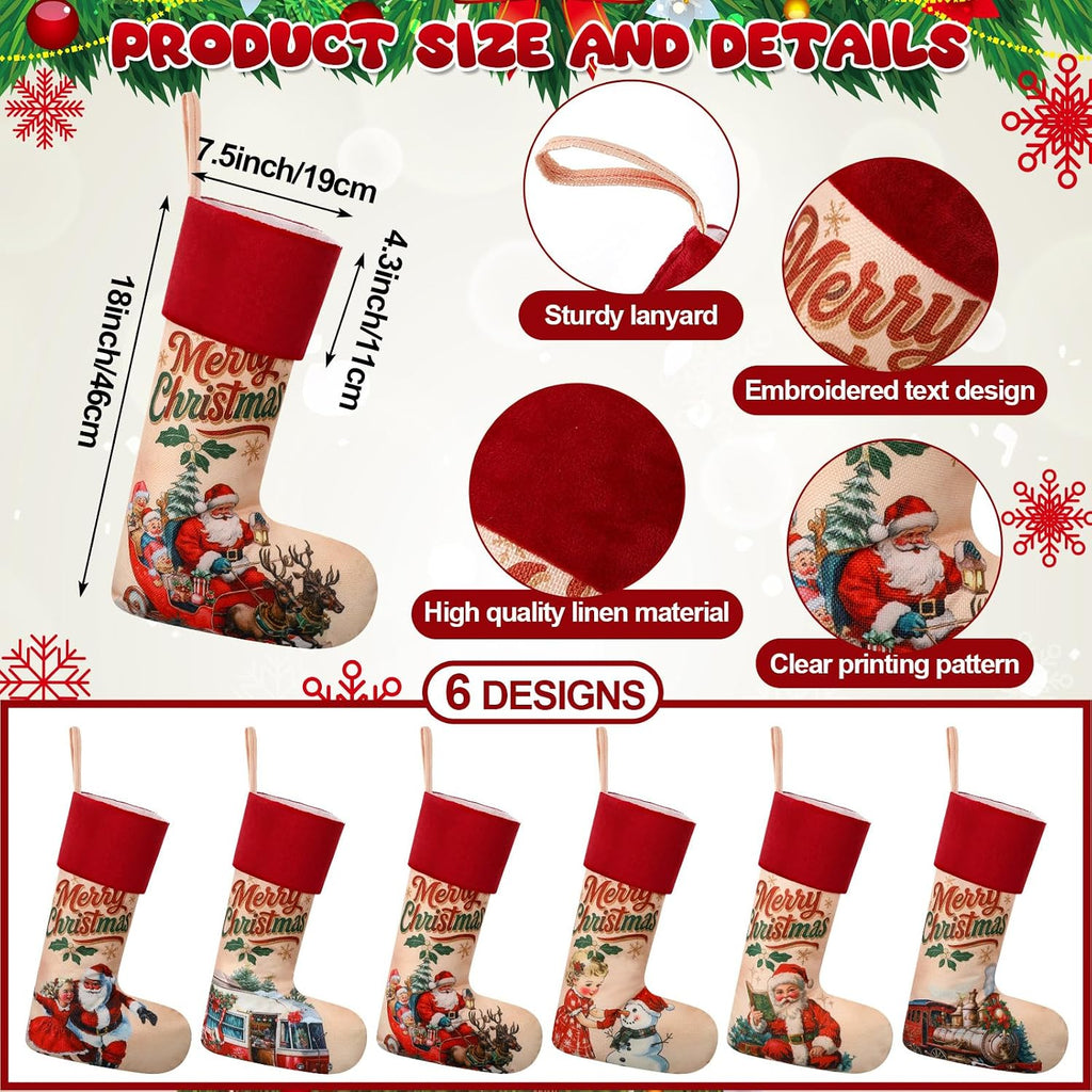 Vintage Christmas Stockings 18" Large Red Velvet Border - Set of 6